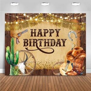 Western Cowboy Theme Happy Birthday Backdrop Banner 7x5Ft.
